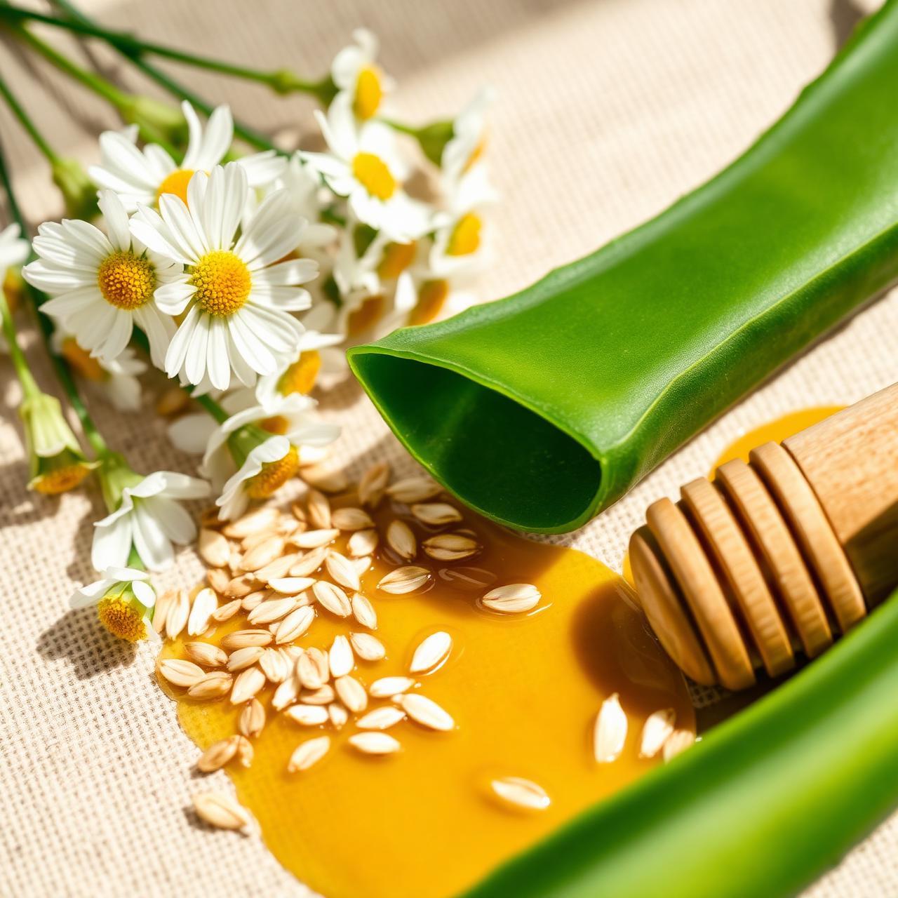 Chamomile, aloe, oats and honey on warm linen
